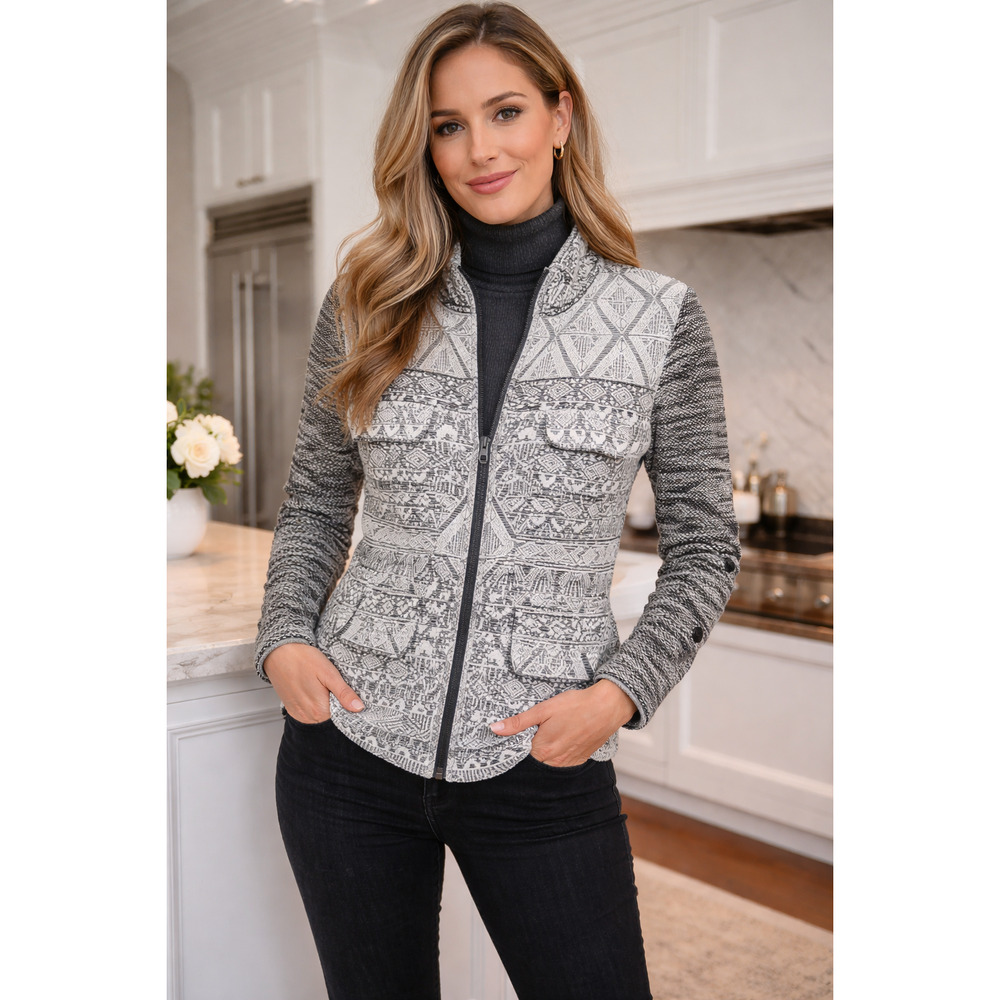 Stoosh Women’s Full Zip Brocade Knit Jacket Aztec Tribal Geometric Black Gray S